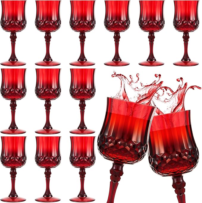 Pinkunn 12 Pcs 7 oz Plastic Vintage Wine Glasses Reusable Colored Goblets Patterned Drinking Water Glasses Cup Dishwasher Safe for Valentine's Day Wedding Reception Party Supplies (Red)