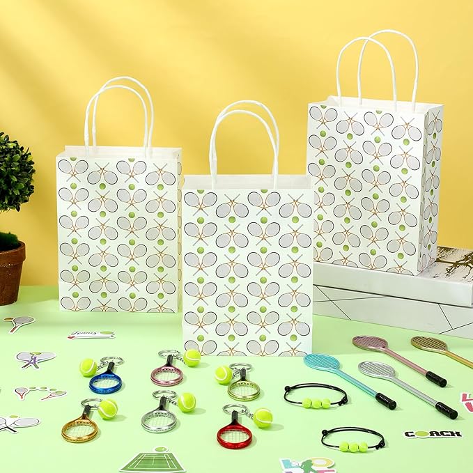Huquary 98 Pcs Tennis Party Favors, Tennis Party Decorations Includes 50 Stickers 12 Mini Racket Keychain 12 Charm Bracelets Racket Shape Pens Paper Bags