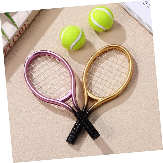Garneck 2pcs Miniature Tennis Racket and Ball Set Plastic Mini Tennis Racket Miniature Sports Equipment for Home Decor (Random Color)