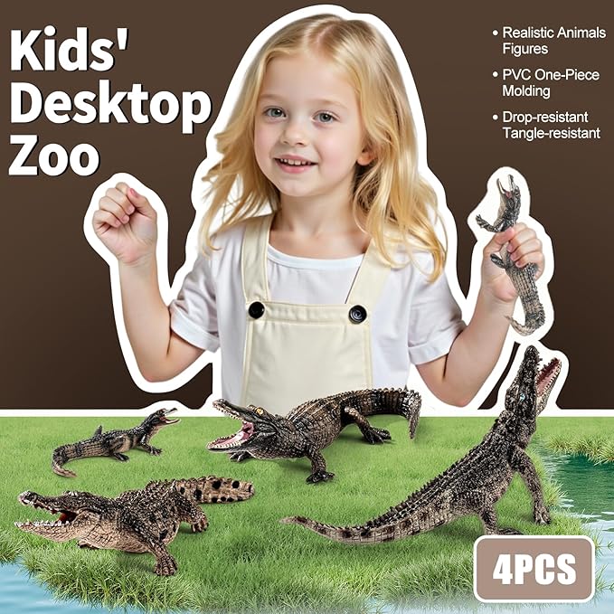 4PCS Safari Alligator Crocodile Animal Toy Figurines, Realistic Plastic Animal Figures for Kids,Includes Caiman & Nile Crocodile and 2 Alligators, Party Favors Cake Toppers for Boys Girls