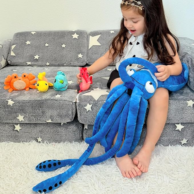 5Pcs Giant Squid Stuffed Animal 41.3" with Small Marine Clownfish,Crab, Seahorse, Angler Fish Baby Plush Toys, Adorable Bulk Ocean Animal Plushies Gifts for Squid Toys Lover,Kids,Boys,Girls