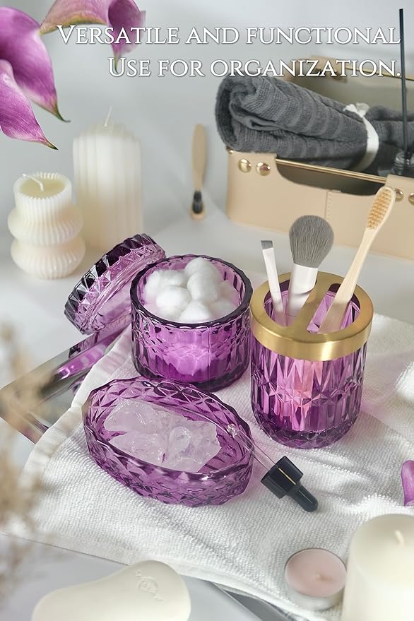 LaMarriti Purple Bathroom Accessories Set, 5Pcs Clear Glass Bathroom Set, Soap Dispenser, Toothbrush Holder Set, Soap Dish, Qtip Holder, Tumbler for Vintage Crystal Bathroom Decor, Gift Set (Violet)