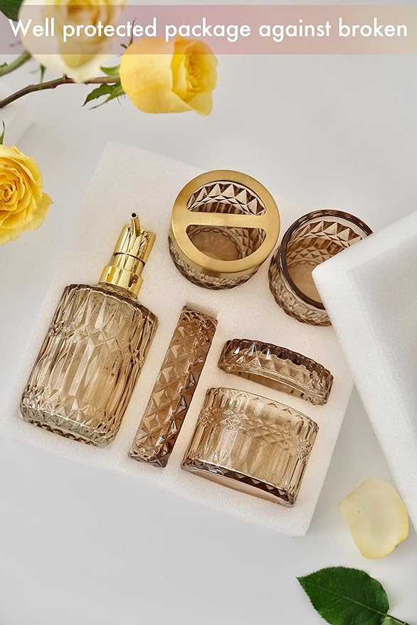 LaMarriti Brown Bathroom Accessories Set, 5Pcs Clear Glass Bathroom Accessories, Lotion Soap Dispenser, Toothbrush Holder Set, Soap Dish, Qtip Holder, Tumbler for Vintage Bathroom Decor, Gift Set