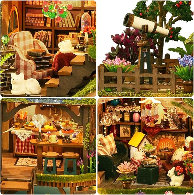 DIY Miniature House Kit: 3D Wooden Puzzle Dollhouse Kit, Mini House Building Kits for Adults Teens, Tiny Model House Building Miniature Kit with LED Light, Forest Adventure