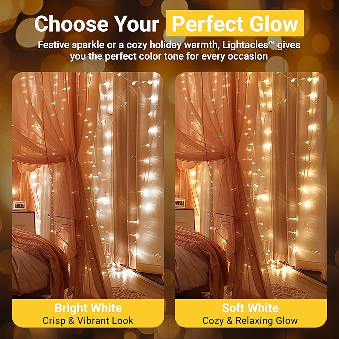 Lightacles Magnetic Christmas Lights - 60ft LED String Lights with Quick Connect - Indoor Plug in - Warm & Bright White - New Years Eve Decorations