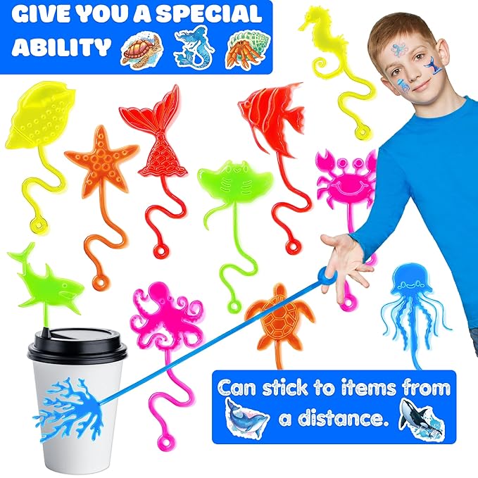 48PCS Ocean Party Favors - 24PCS Temporary Tattoos & 24PCS Stick Hands Party - Perfect Birthday Party Supplies, Goodie Bag Stuffers, Treasure Box Toys, Classroom Prizes, and Student Gifts