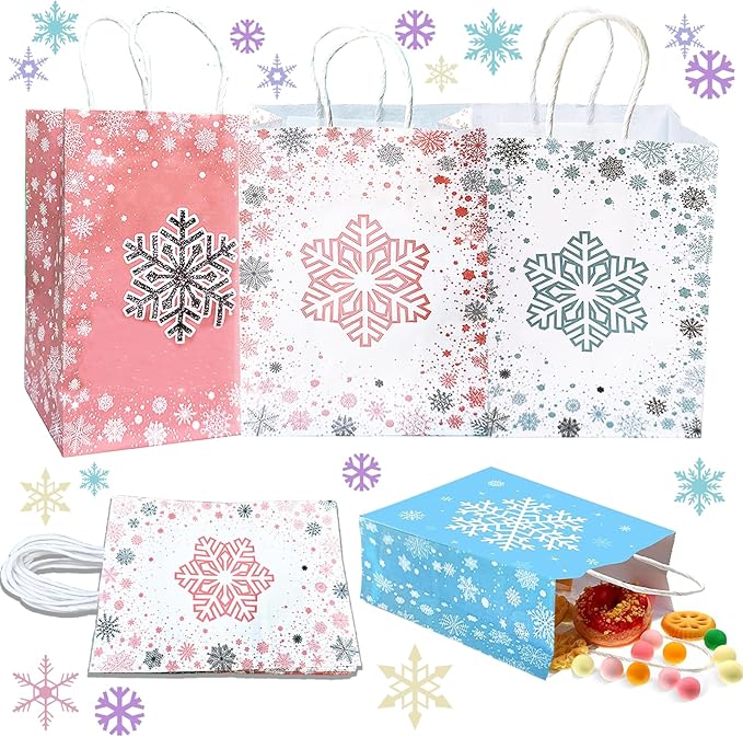 CZWXOXO 24 Pieces Snowflake Party Favors Bags Bulk with Handles Winter Frozen Reusable Paper Gift Bags Winter Treat Goodie Candy Bags for Snowflake Christmas Birthday Holiday Party Supplies