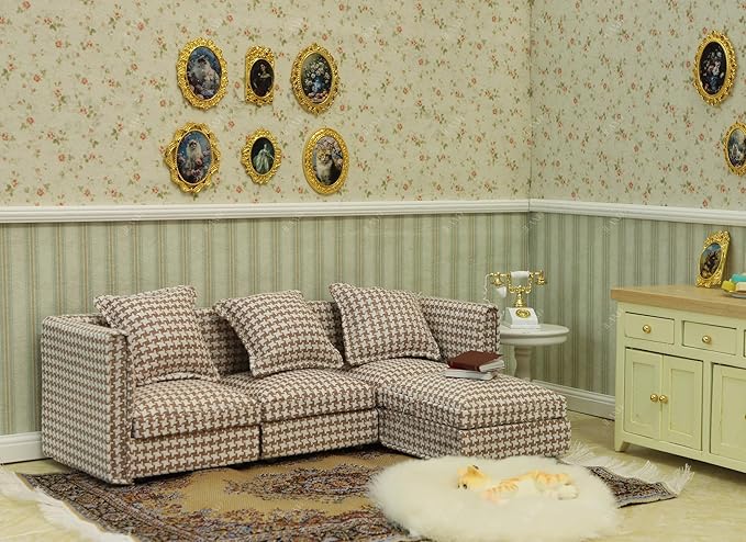 iLAND Dollhouse Furniture Miniature Sectional Couch Set for Doll House Décor Fit 1/12 Scale Accessories, Modern Brown Houndstooth Sofa Timeless & Classic