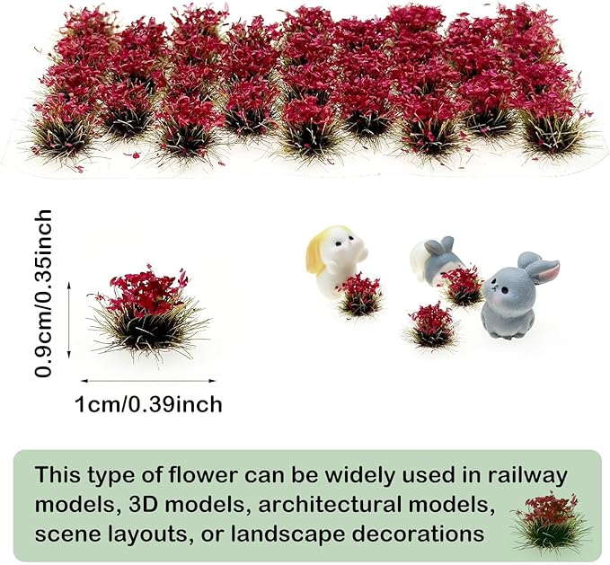 Woohome Static Grass Tufts Flower Cluster Vegetation Groups Miniature Flower Clusters for Terrain Railway Scenery Table Landscape, Rose Red