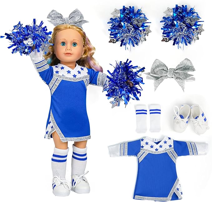 ARTST Cheer Uniform Doll Outfit-American 18 inch Doll Clothes & Accessories Set Including Clothing Pom Poms,Shoes,Socks and Hairbow,Sport Gifts for Girls Age 6+