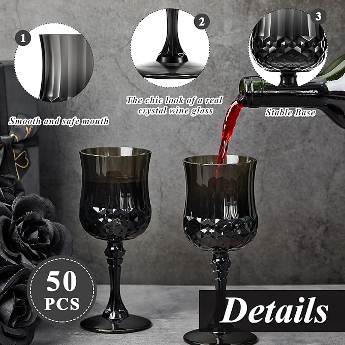 Pinkunn 50 Pcs 7 oz Plastic Vintage Wine Glasses Reusable Colored Goblets Patterned Drinking Water Glasses Cup Dishwasher Safe for Valentine's Day Wedding Reception Party Supplies (Black)