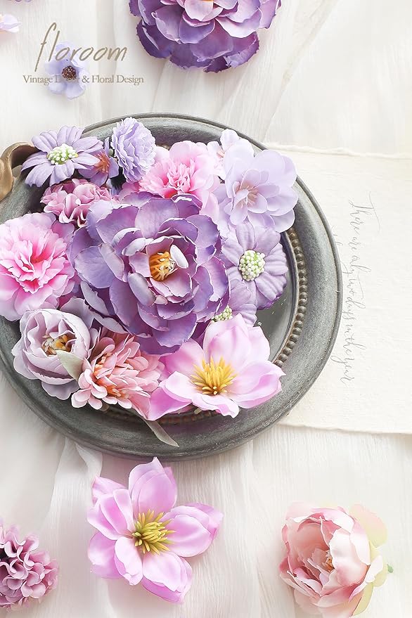 Floroom Mini Artificial Flower Heads Lavender & Purple Fake Peony Daisy Rose Multicolor Small Faux Silk Flower Heads for Cake Craft Garland Wedding Party Graduation Cap DIY Home Decoration, 0.8"-3.6"