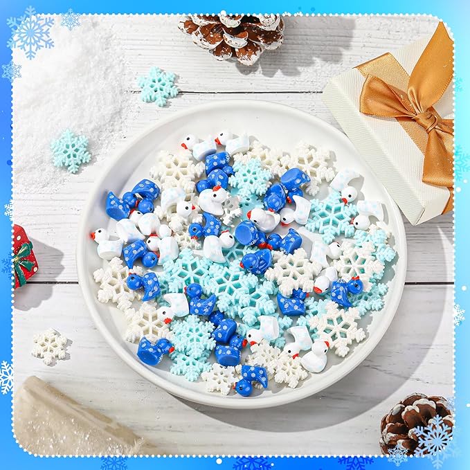 80 Pcs Mini Ducks Snowflake, Tiny Resin Ducks Figures Bulk, Cute Miniature Figurines for Winter Christmas Accessories Miniature Landscape Fairy Garden Dollhouse Party Favors Decor (6 Styles)
