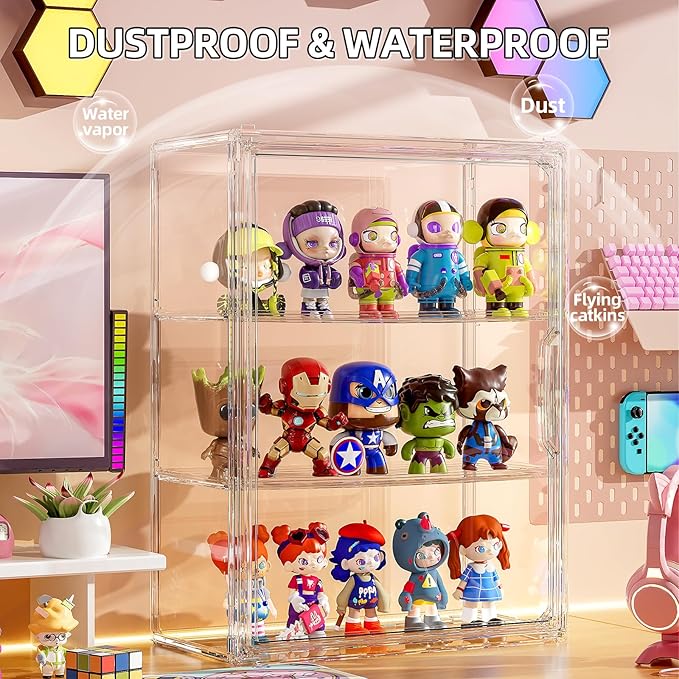 Clear 3 Tiers Acrylic Display Case for Figures Collectibles 1 Pack Wall Mounted Hobby Figurine Display Case with Shelves, Display Shelf Storage Box for Action Figures, Car Model