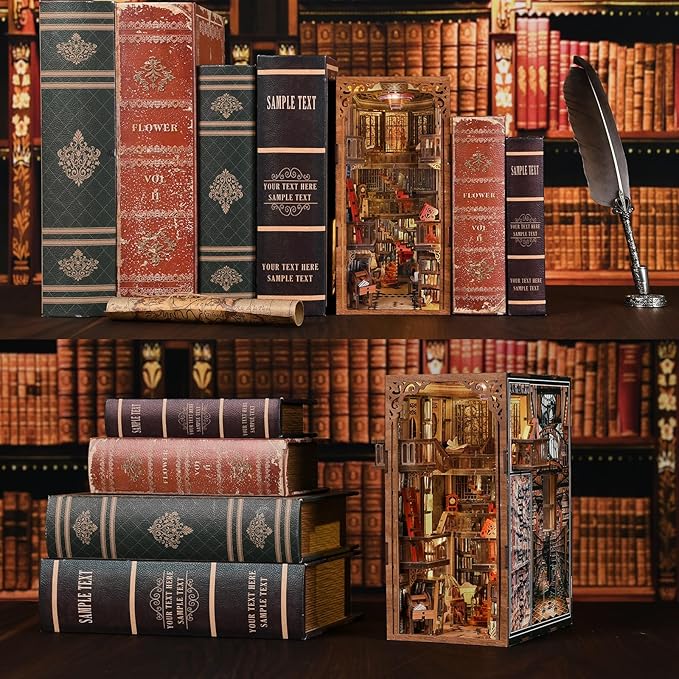 Book Nook Kit, DIY Miniature House Dollhouse Kit for Adults and Teens, Booknook Tiny House Bookshelf Decor with LED Light and Dust Cover (Abbey Library)