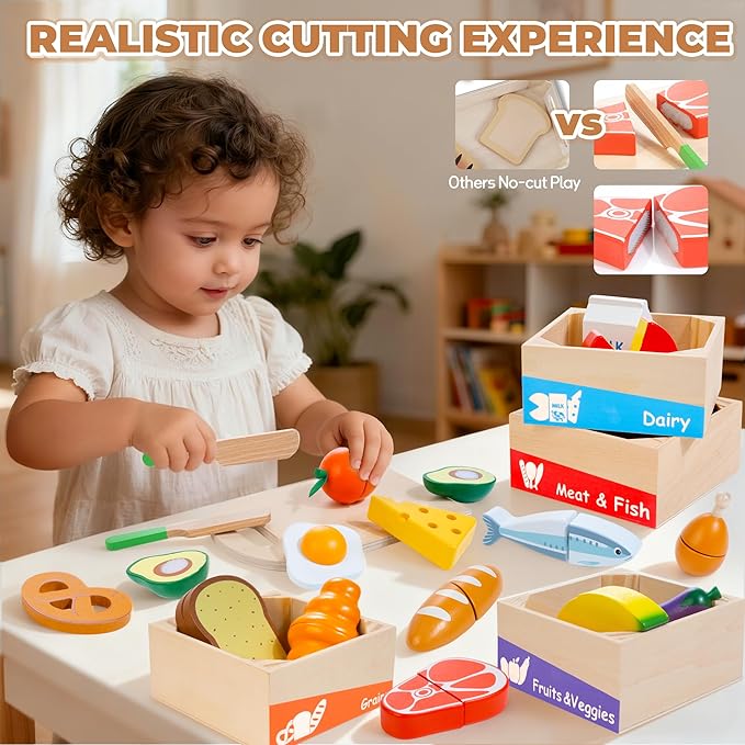WOODMAM Wooden Play Food Set for Toddlers - Montessori Pretend Play Kitchen Toys with Color Sorting Food Groups & Cutting Fruits Vegetables for Boys & Girls Ages 3 4 5 6