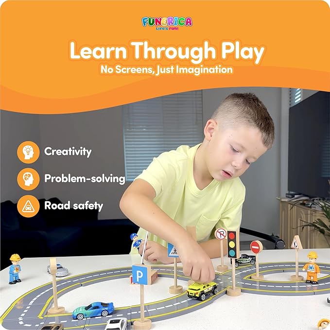 20-Piece Set Wooden Road Signs for Kids – Traffic Signs with Action Figures for Kids - Traffic Lights, Street Signs, Stop Sign, Toy People, Construction Workers, Community Helpers & Police Figures