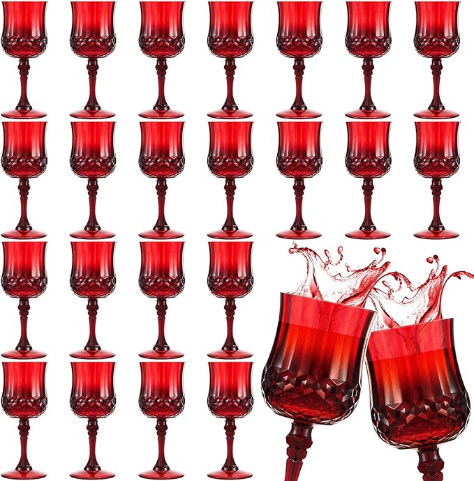 Pinkunn 24 Pcs 7 oz Plastic Vintage Wine Glasses Reusable Colored Goblets Patterned Drinking Water Glasses Cup Dishwasher Safe for Valentine's Day Wedding Reception Party Supplies (Red)