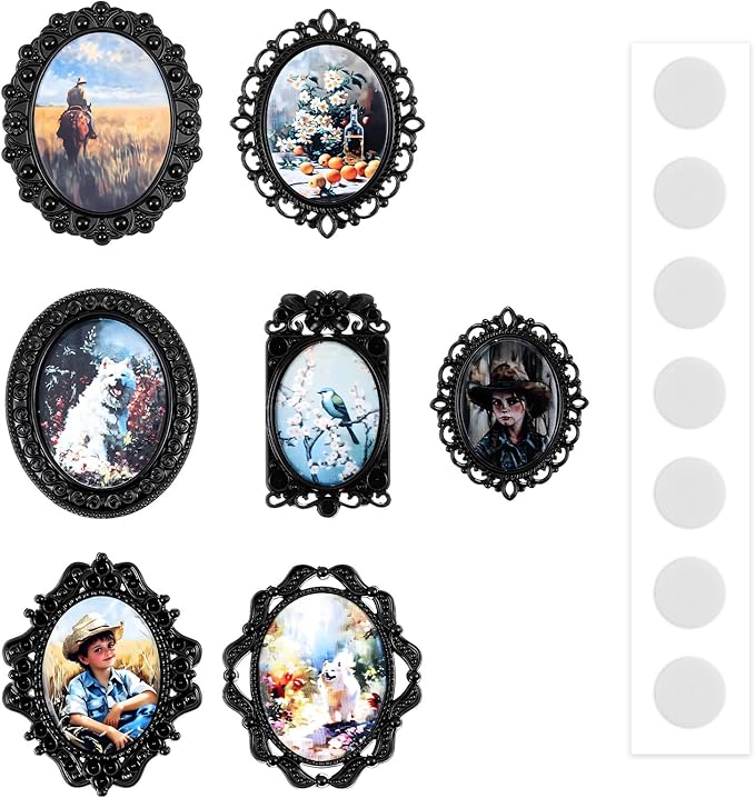 7 Pieces 1/12 Scale Accessories of Tiny Frames with 7pcs Miniature Pictures Set, Miniature European House Frame, Baroque Wall Decor Accessories for Bedroom