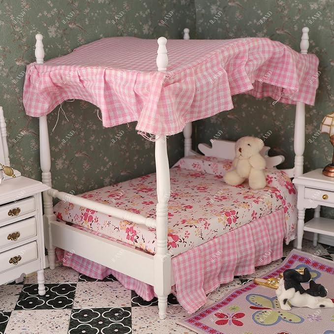 iLAND Dollhouse Furniture Bedroom Set Doll House Mini Bed for Dolls Wooden Miniature Furniture with 1 12 Scale Accessories Pink Dollhouse Accessories Decor