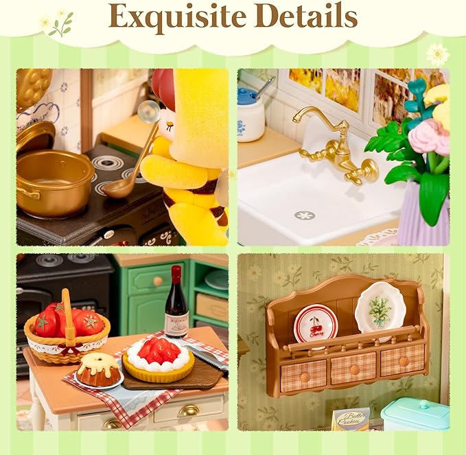 ROBOTIME Super Creator Kits, Plastic Mini House, Expandable Plastic Craft, DIY Miniature House Kit with LED for Adults, Building Set for Creative Play Unique Hobby Gift (Farmhouse Kitchen)