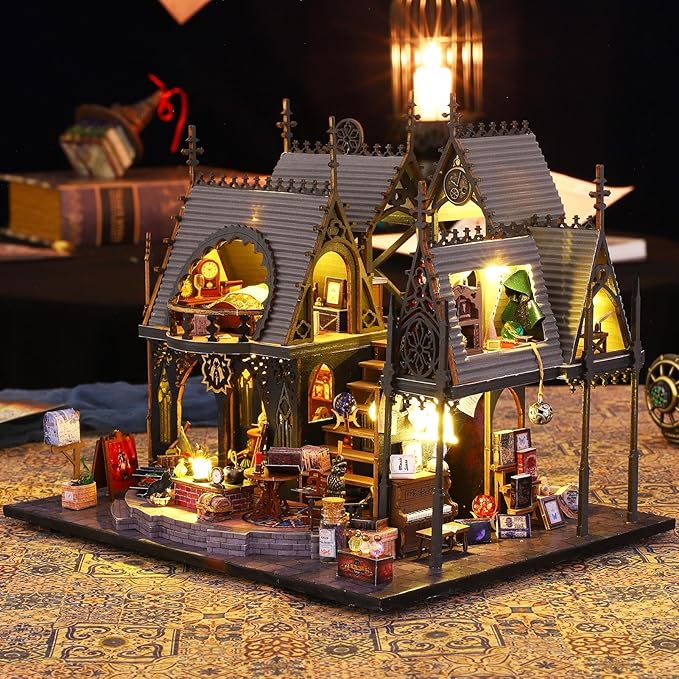 Spilay Dollhouse Miniature with Furniture,DIY Wooden Crafts Magic Doll House Mini Handmade Kit,1:24 Scale Creative Room Idea Gift (Luna's Maqic House with Dust Cover Music Box)