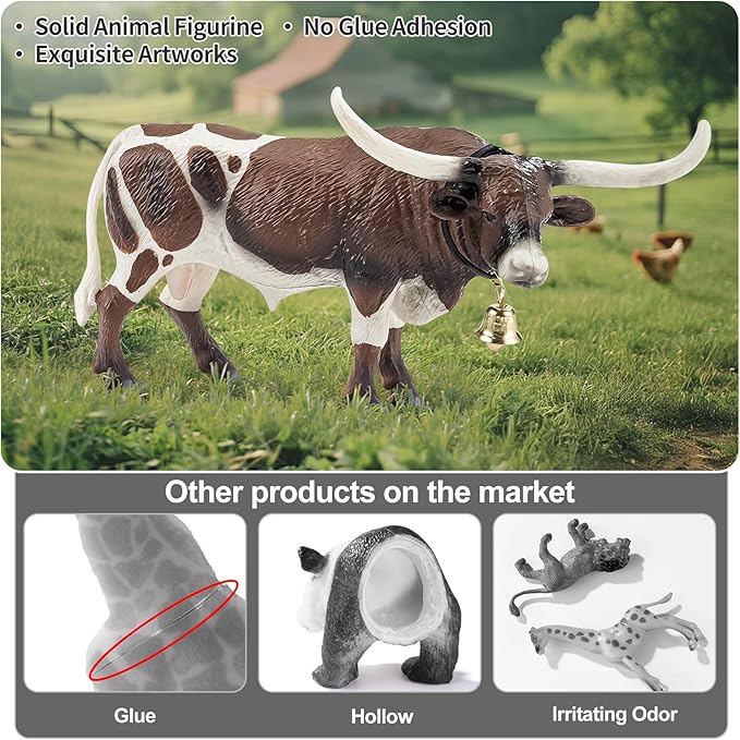 4PCS Cows Bulls Longhorn Farm Animal Figurines Toys for Kids, Plastic Cow Farm Animals Figures for Boys Girls Include White Holstein & Texas Longhorn and 2 Calfs, Cake Toppers Party Favors