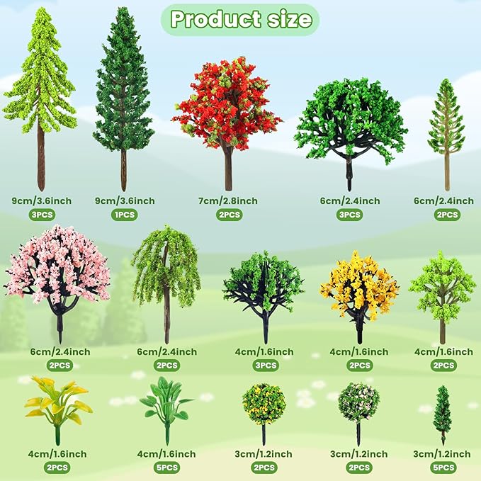 QUOZUO 38PCS Mini Model Miniature Trees, Mixed Model Colourful Trees Building Train Scenery Architecture Fake Trees for DIY Crafts, Building Model, Scenery Landscape