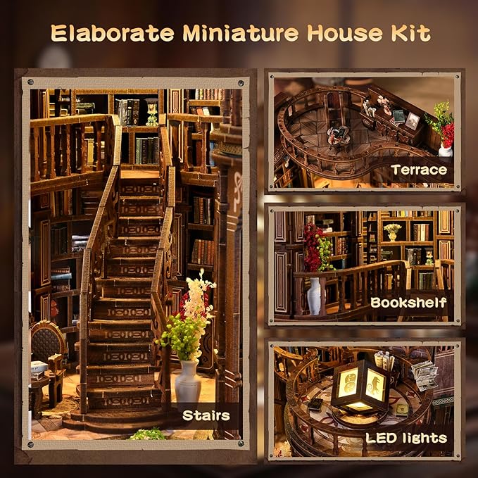 Book Nooks for Adults, DIY Miniature Dollhouse Book Nook Kit, Model Kits Craft Kits for Adults, 3D Wooden Puzzle Book Nook Craft Bookshelf Decor, Adult Craft Kits Gift with Led Light
