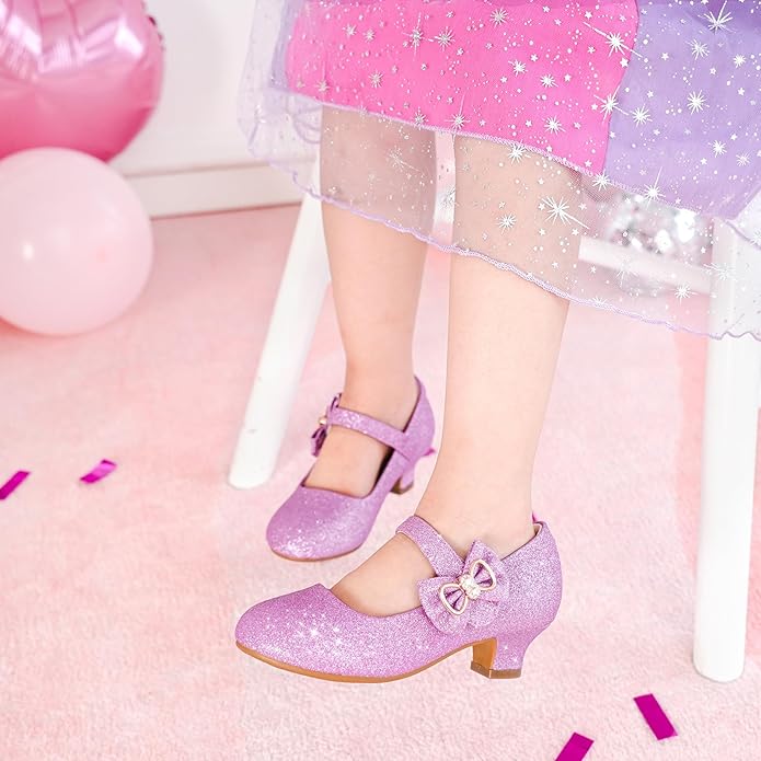 Dufannie Girls Dress Shoes Low Heel Princess Flats Mary Jane Flower Wedding Party Glitter Shoes for Kids Toddler