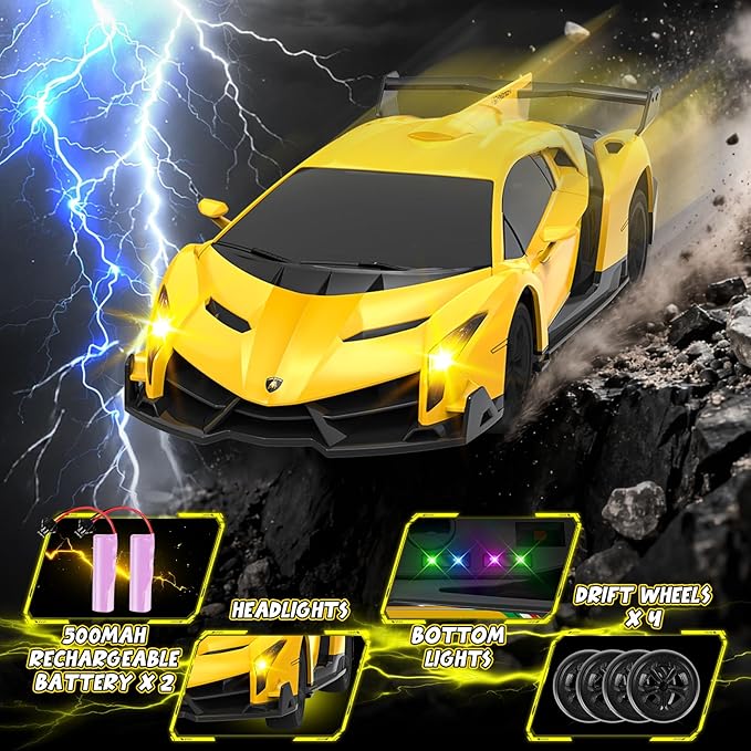 Lamborghini Remote Control Car, Officially Licensed 1:24 Scale 2.4GHz RC Drift Car Toys with Headlight, Lambo Hobby Rc Cars for Boy Girl 4-12 Years Old, Birthday Gift (Yellow
