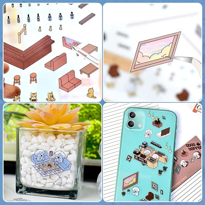 DIY 3D House Stickers, 4 Set Fun DIY Stickers Scene Make Your Own Warm Home, Supermarket, Coffee Shop, Music Bar, Cute 3D Cartoon Scene Sticker for Adult Kids Relief Stress Pass The Time (SY1.0)