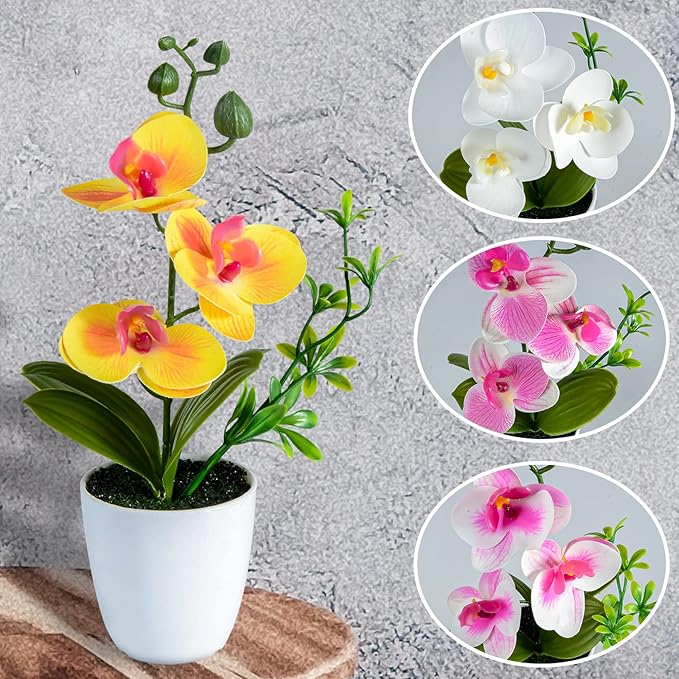 XONOR 4Pcs Artificial Orchid Flowers Mini Potted Orchid Flowers Fake Orchids with Plastic Vase for Home Office Wedding Table Centerpiece Decoration(White,Yellow,Pink,Light Pink)