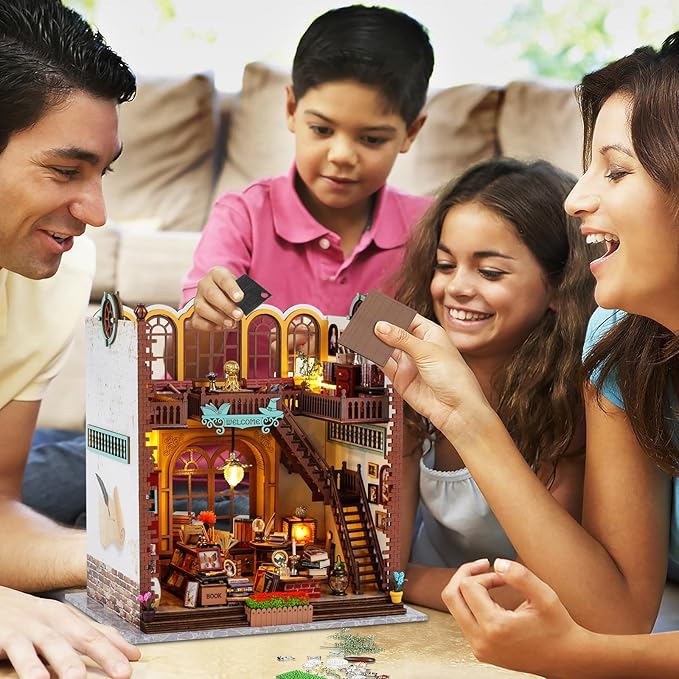 Quanquer Miniature House Kit: Magic Book Store Book Nook with Furniture and LED Light - DIY Kits for Adults - Wooden Doll House - Great Handmade Craft Model - Tiny House Decor Ideal Gifts