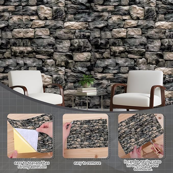 Flutesan 3 Pcs Miniature Dollhouse Wallpaper and Flooring Peel and Stick 1:12 Scale Self Adhesive Doll House Wallpaper DIY Mini Dollhouse Accessories 8.27 x 11.69 Inch(Stone Wall)