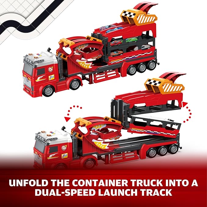 3in1 Carrier Truck Race Track Toddler Toys, Carrier Toy Truck w/45 Inch Foldable Race Track, 12 Die Cast Cars Toys for Ages 2-4, Semi Truck Toy w/Light & Sound, Kids Play Cars & Race Car Toys for Kids