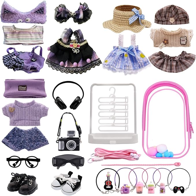Clothes for Labubu, 23-Piece Clothes and Accessories Set Designed for Labubu Doll Clothes, Includes Display Bag, Clothes Rack, Headphones, Camera, Glasses, Shoes, and 6 Mini Accessories - Style E