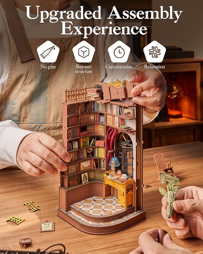 ROBOTIME Book Nook Kit, DIY Miniature House Kit, 3D Wooden Puzzle Bookends,Bookshelf Decor, Simple Assembly Dollhouse Kit, Creative Unique Gifts for Adults/Teens/Beginner (Silent Corner Study)
