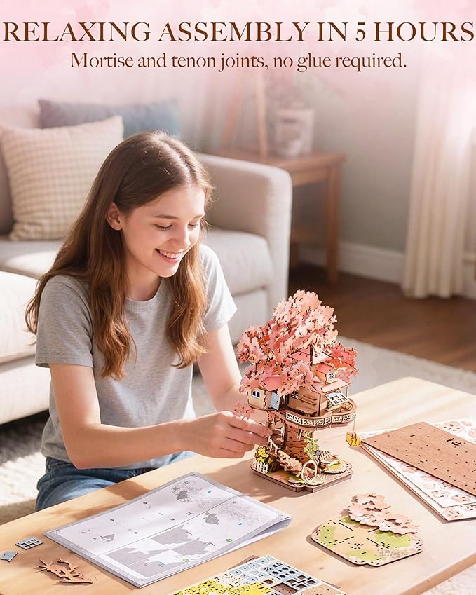 Rolife DIY Miniature House Kits Sakura Tree House 12" 3D Wooden Puzzles for Adults, Japanese Cherry Blossom Model Building Kit, Bonsai Craft Home Decor Gifts for Adults Family