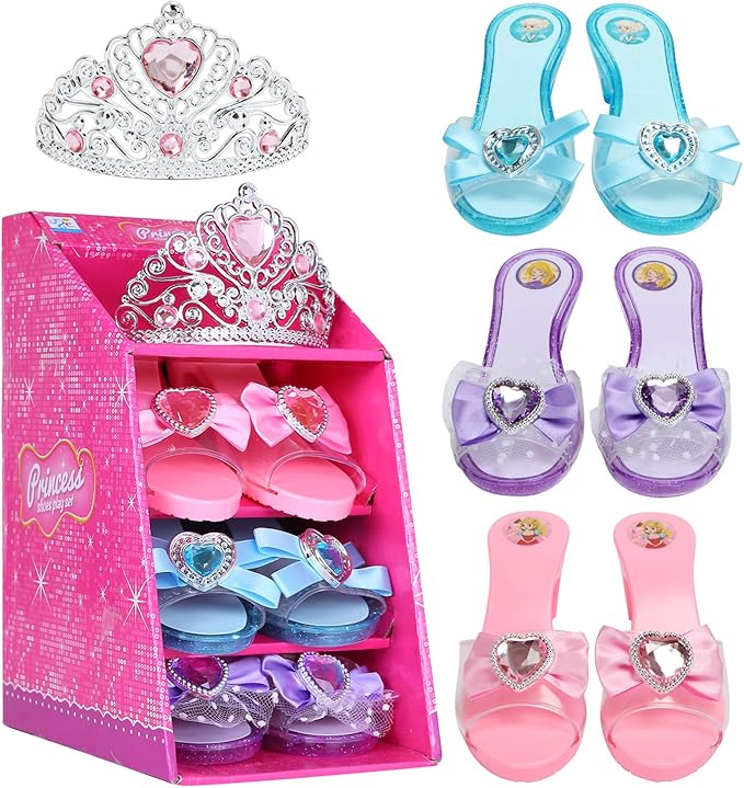 Mastom Girls Play Set! Princess Dress Up Shoes and Tiara (3 Pairs of Shoes + 1 Tiara) Role Play Collection Fashion Princess Shoe for Little Girls