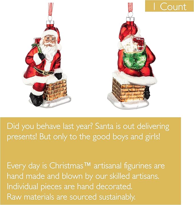 Every Day is Christmas Glass Blown Ornaments Cute Hand Made Figurines Tree Decoration, Chimney Santa
