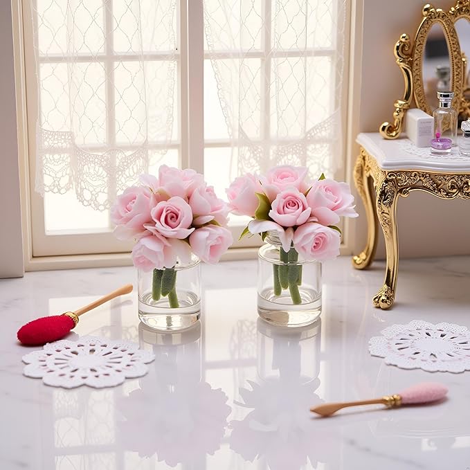 2 Pcs Dollhouse Miniature Flowers Dollhouse Mini Vase with Flower Dolls House Flower Glass Vase 1:12 Scale Dollhouse Miniature Flower in Vase, Lightweight Dollhouse Decor