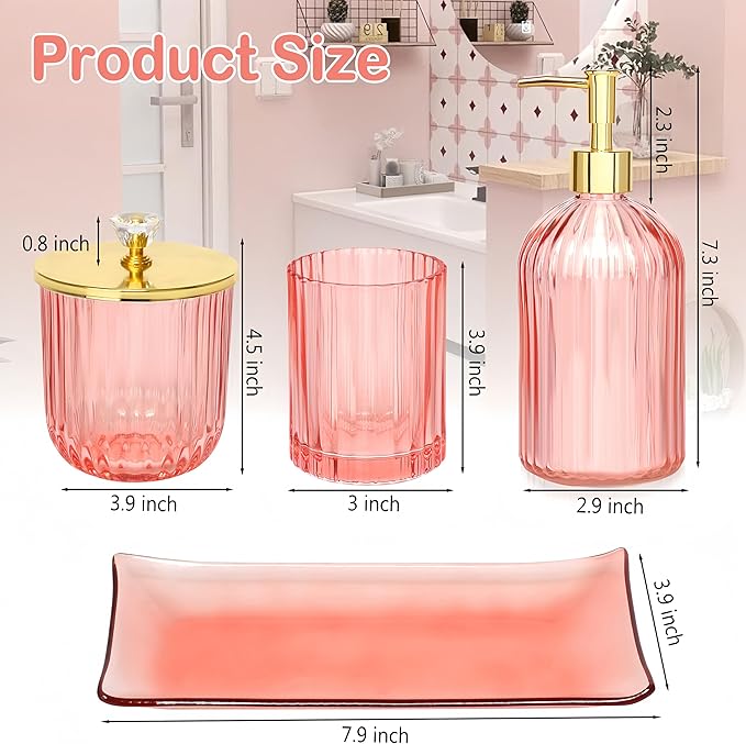 Pink Bathroom Accessories Set, 4Pcs Glass Bathroom Decor Complete with Lotion Soap Dispensers, Toothbrush Holder, Cotton Swab Jars, Vanity Tray, Cute Bathroom Essentials Gift for Girls