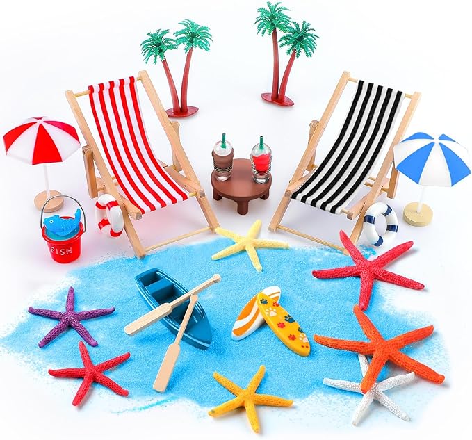 Minatee 25 Pcs Beach Miniature Dollhouse Decoration, Umbrella Palm Chair Miniature Toys Garden Dollhouse Outdoor Accessories Beach Decorations for DIY Garden Plant Pool(Red, Black)
