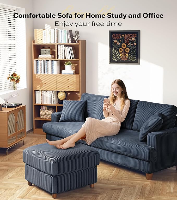 Kidirect 87in Corduroy Couch, Sofa No Tool Assembly, Comfy Couches for Living Room 21in Deeper Seats, Corduroy Sofas for Living Room with 2 Pillows, Oversized Loveseat Sofa, Boho Love Seat Blue Couch
