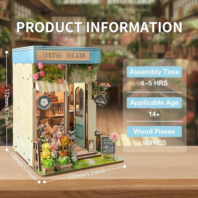 DIY Book Nook Kit - 3D Wooden Puzzle Miniature Dollhouse Bookshelf Decor Bookend Craft Model Kits for Adults to Build - Spring Island(SQ-46)