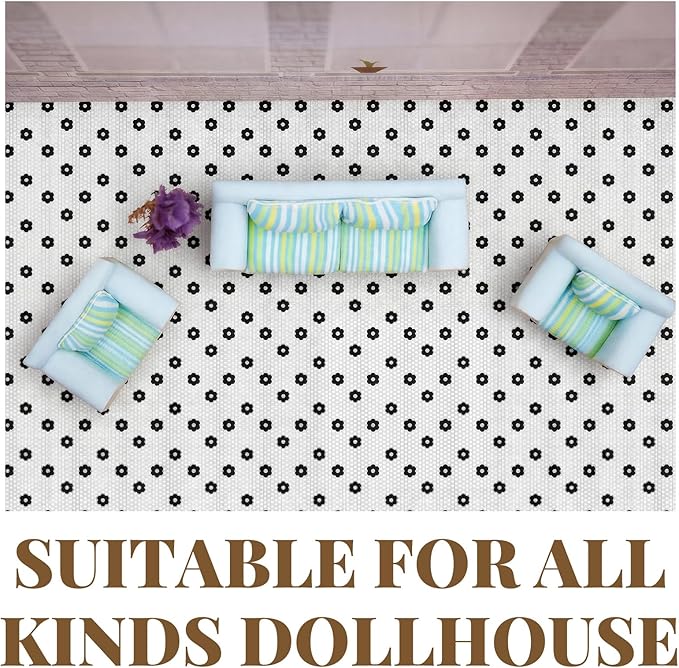 Sabary Dollhouse Wallpaper Mini Black and White Hexagon Flower Tile Dollhouse Flooring Wallpaper 12 x 18 Inch 5 Sheets 1: 12 Scale Peel and Stick Self Adhesive DIY House Accessories Vinyl Sheet