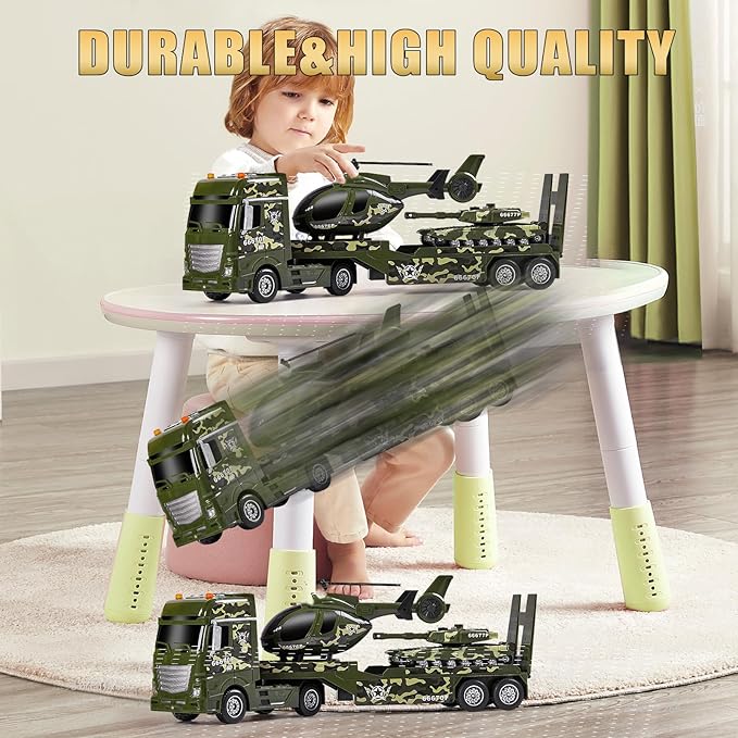 25.6" Green Military Big Truck Toys, Big Truck Toy with Tank and Helicopter,Army Toys with Sounds & Lights, Great Gift for 3+Years Old Boys and Girls