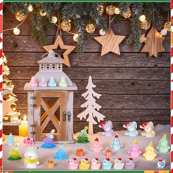 48PCS Mini Christmas Luminous Figurines Christmas Resin Miniatures Glow in The Dark Tiny Figures to Hide Small Snowman Figures for Xmas Goodie Bag Mini Presents for Crafts