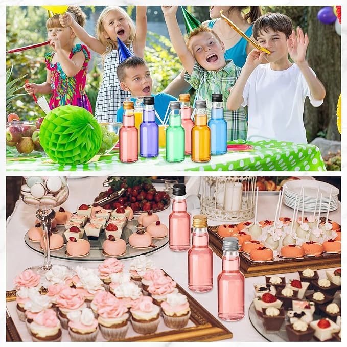 120 Pcs Mini Liquor Bottles Airtight Shot Miniature Empty Plastic Alcohol Spirit Shot Bottles with Funnels for Party Favors, Weddings(2 oz,Silver, Gold, Black)